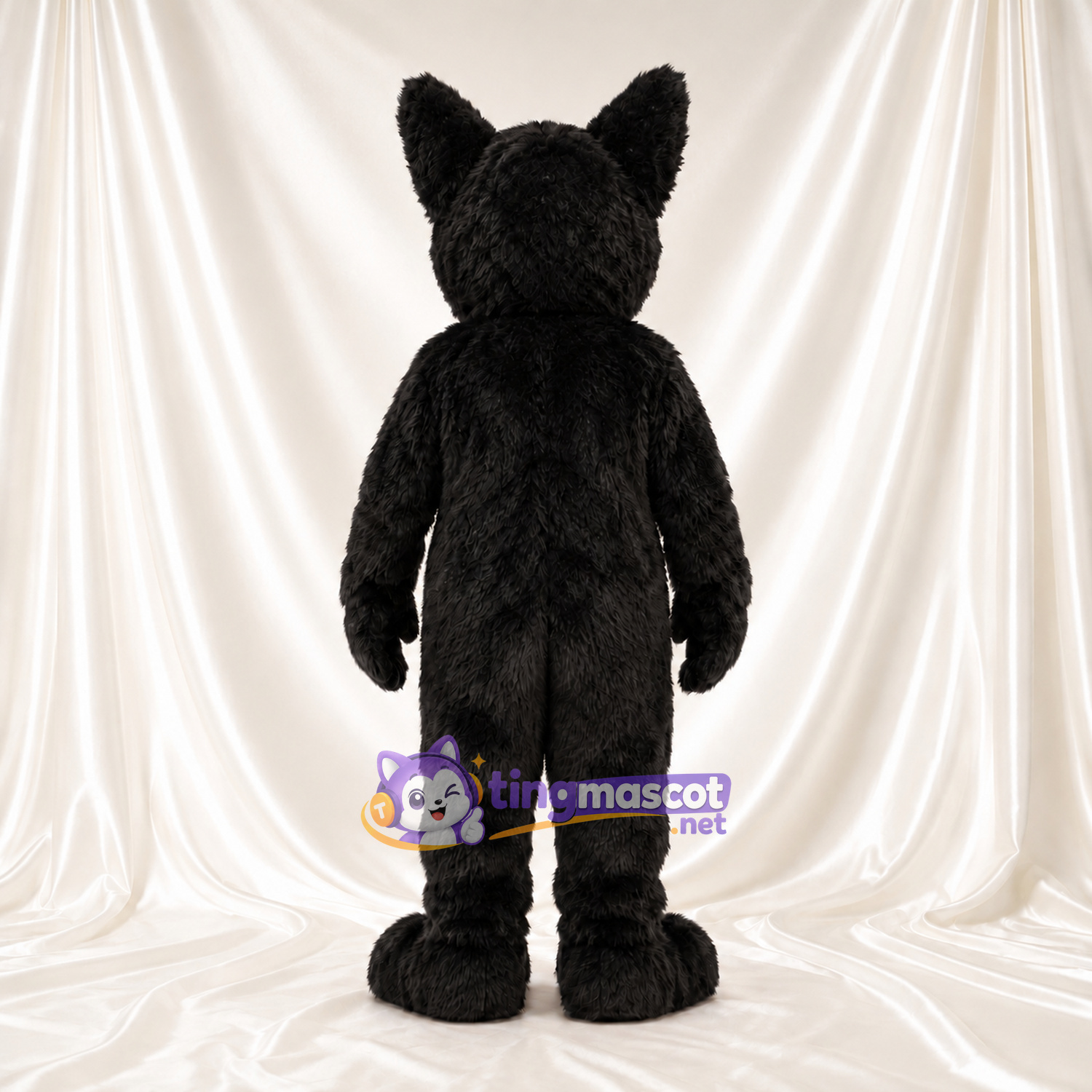 Costume de mascotte Loup – noir – Joues (blanc); Sourire (ouvert) Costume de mascotte Loup – noir – Joues (blanc); Sourire (ouvert)
