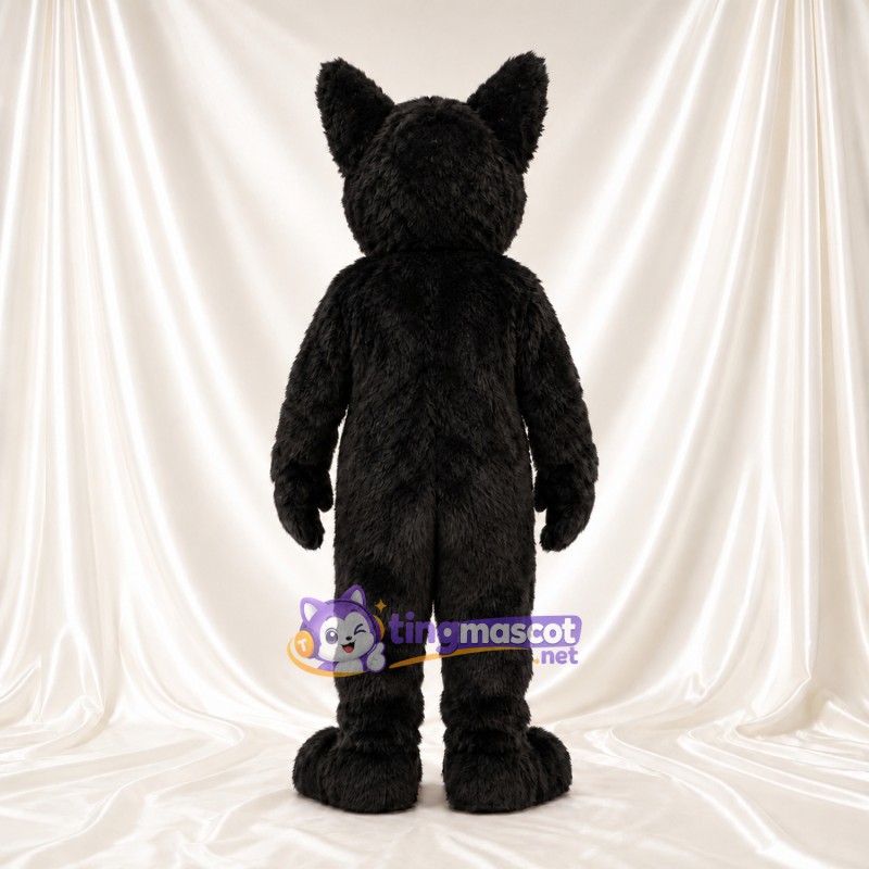 Costume de mascotte Loup – noir – Joues (blanc); Sourire (ouvert) Costume de mascotte Loup – noir – Joues (blanc); Sourire (ouvert)
