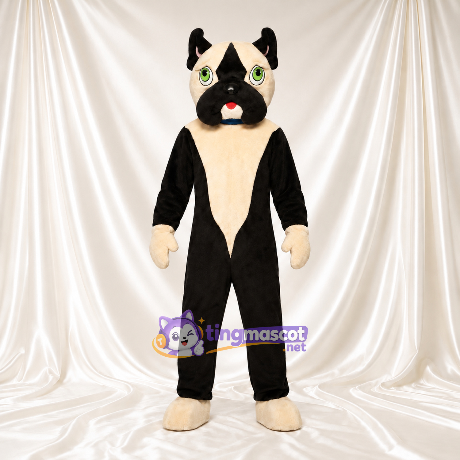 Black and Cream Dog Mascot Costume - Green Eyes and Drooping Jowls Black and Cream Dog Mascot Costume - Green Eyes and Drooping Jowls