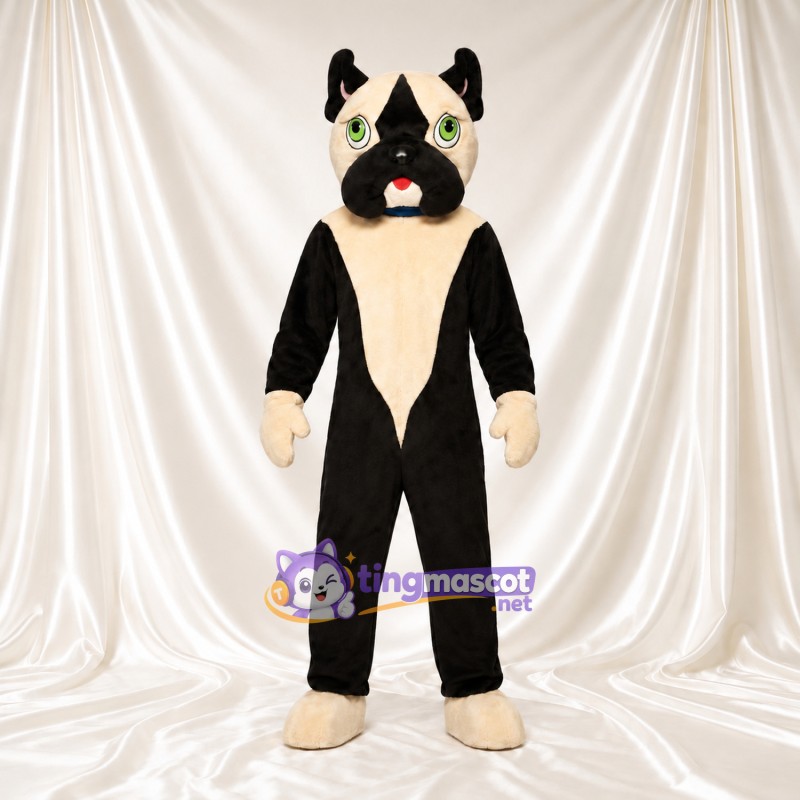 Black and Cream Dog Mascot Costume - Green Eyes and Drooping Jowls Black and Cream Dog Mascot Costume - Green Eyes and Drooping Jowls