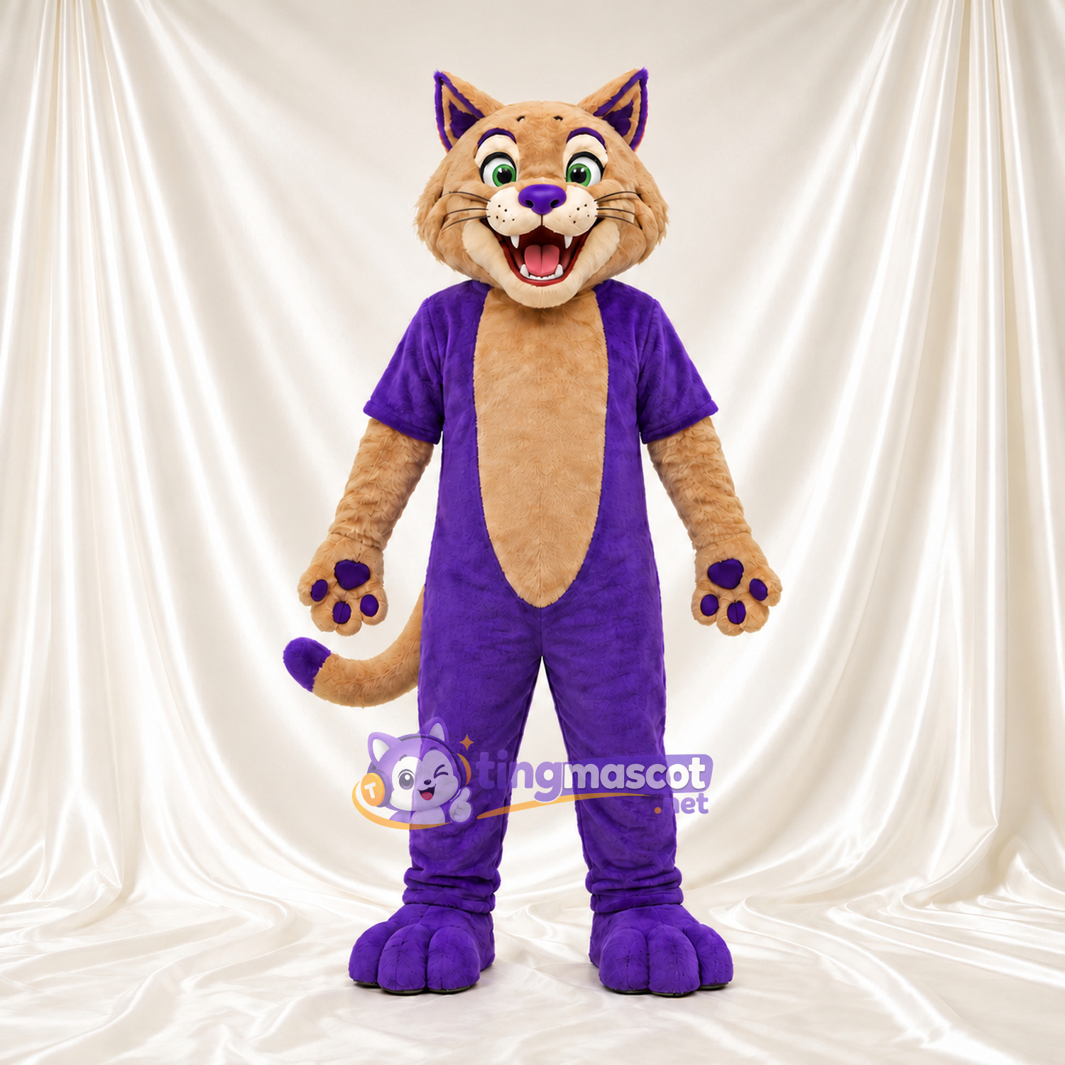 Costume de mascotte Chat – brun clair – Tenue (violet); Coussinets (violet) Costume de mascotte Chat – brun clair – Tenue (violet); Coussinets (violet)