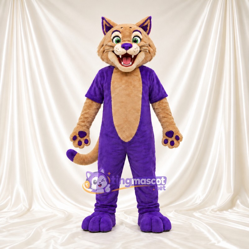 Costume de mascotte Chat – brun clair – Tenue (violet); Coussinets (violet) Costume de mascotte Chat – brun clair – Tenue (violet); Coussinets (violet)