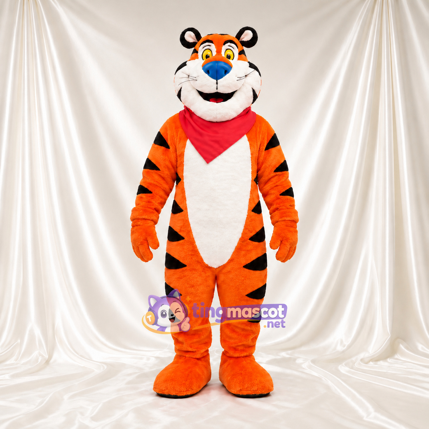 Costume de mascotte Tony the Tiger – selon la photo – Bandana (rouge); Nez (bleu)