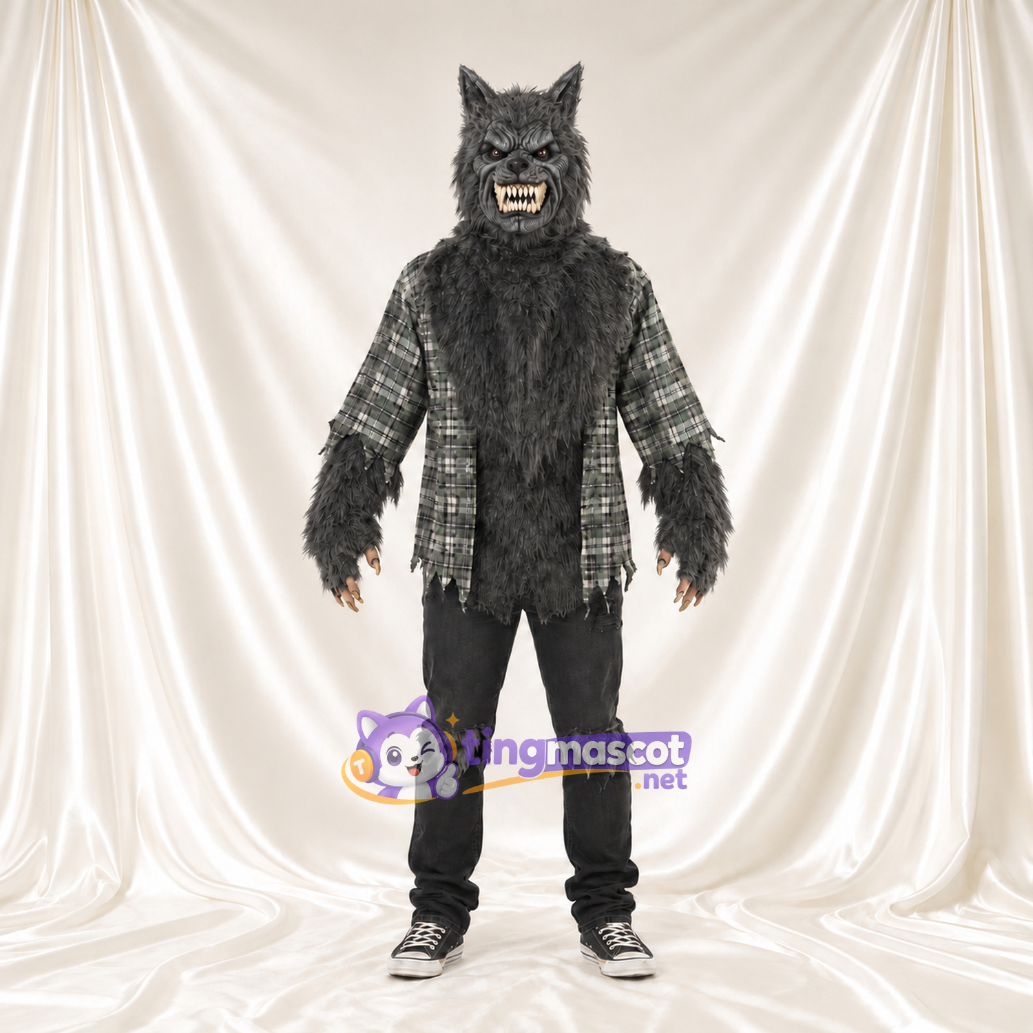 Maskottchenkostüm Werwolf – grau – Hemd (kariert) Maskottchenkostüm Werwolf – grau – Hemd (kariert)