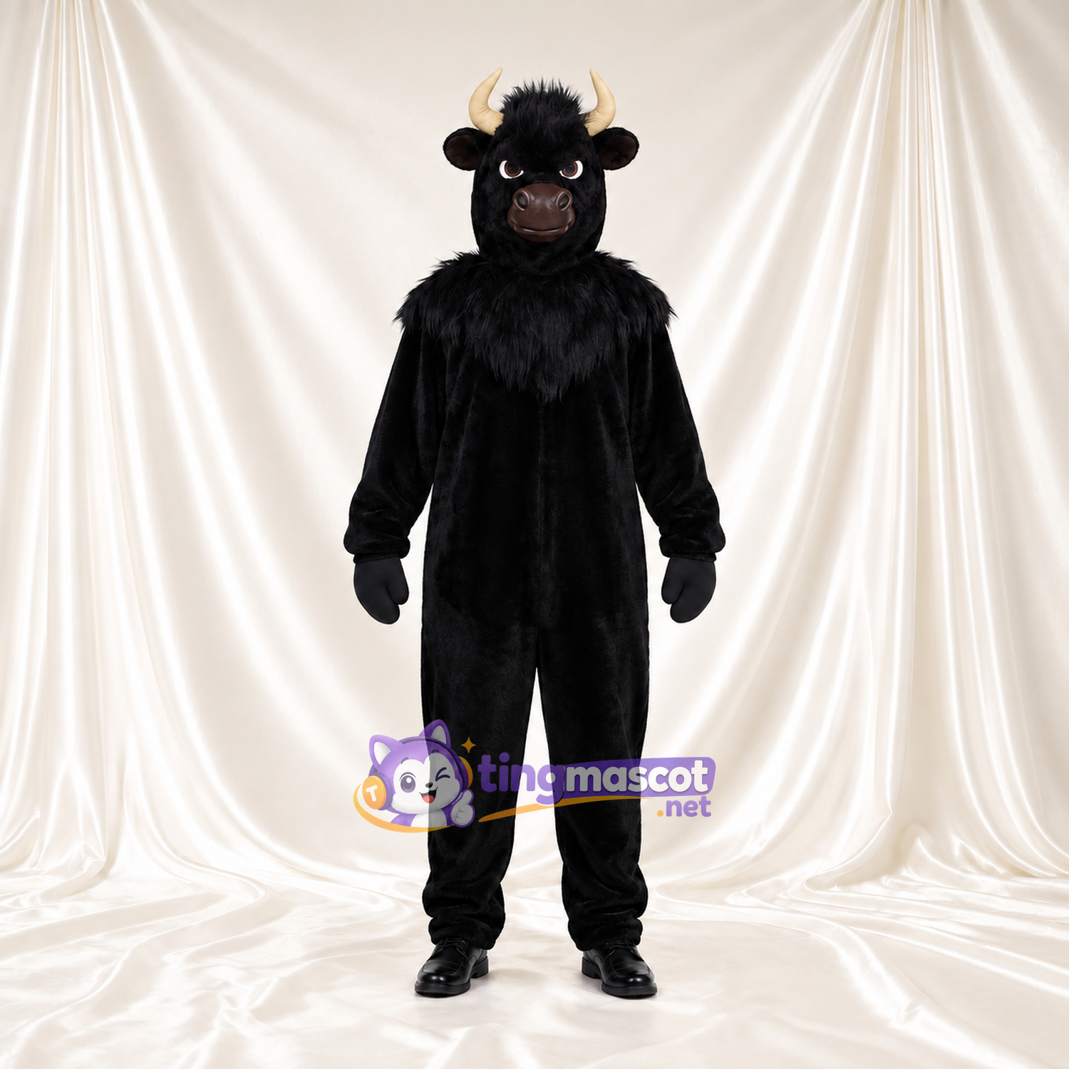 Black Bull Mascot Costume - Beige Horns and Shaggy Neck Ruff Black Bull Mascot Costume - Beige Horns and Shaggy Neck Ruff