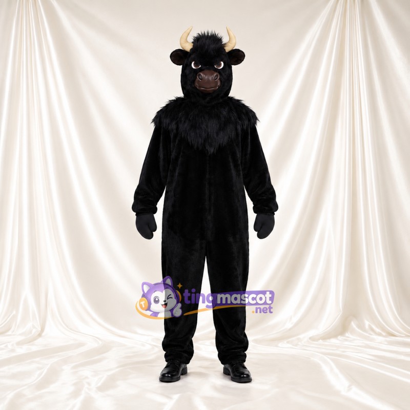 Black Bull Mascot Costume - Beige Horns and Shaggy Neck Ruff Black Bull Mascot Costume - Beige Horns and Shaggy Neck Ruff