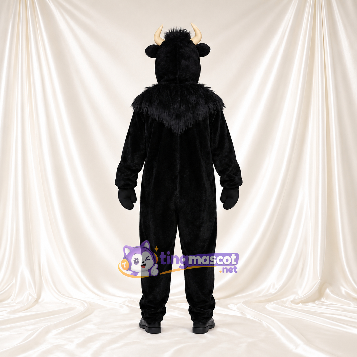Black Bull Mascot Costume - Beige Horns and Shaggy Neck Ruff Black Bull Mascot Costume - Beige Horns and Shaggy Neck Ruff
