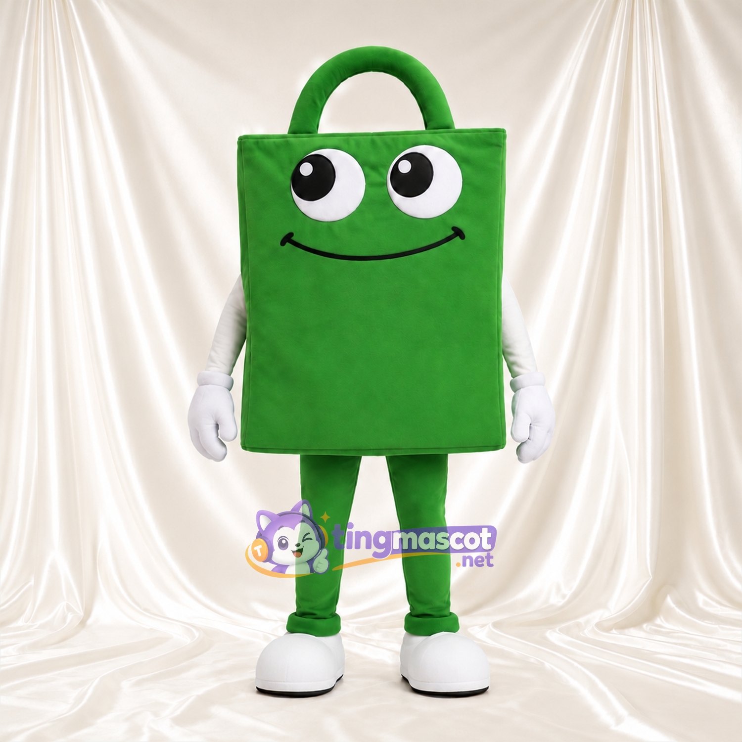 Costume de mascotte Sac de courses – vert – Visage souriant; Gants (blanc) Costume de mascotte Sac de courses – vert – Visage souriant; Gants (blanc)
