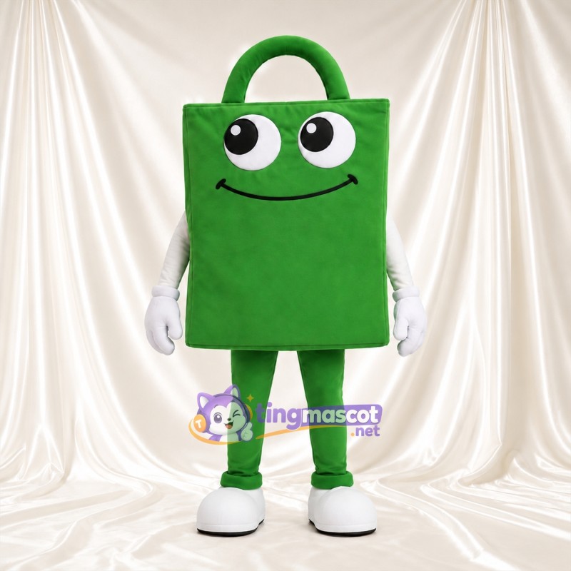 Costume de mascotte Sac de courses – vert – Visage souriant; Gants (blanc)