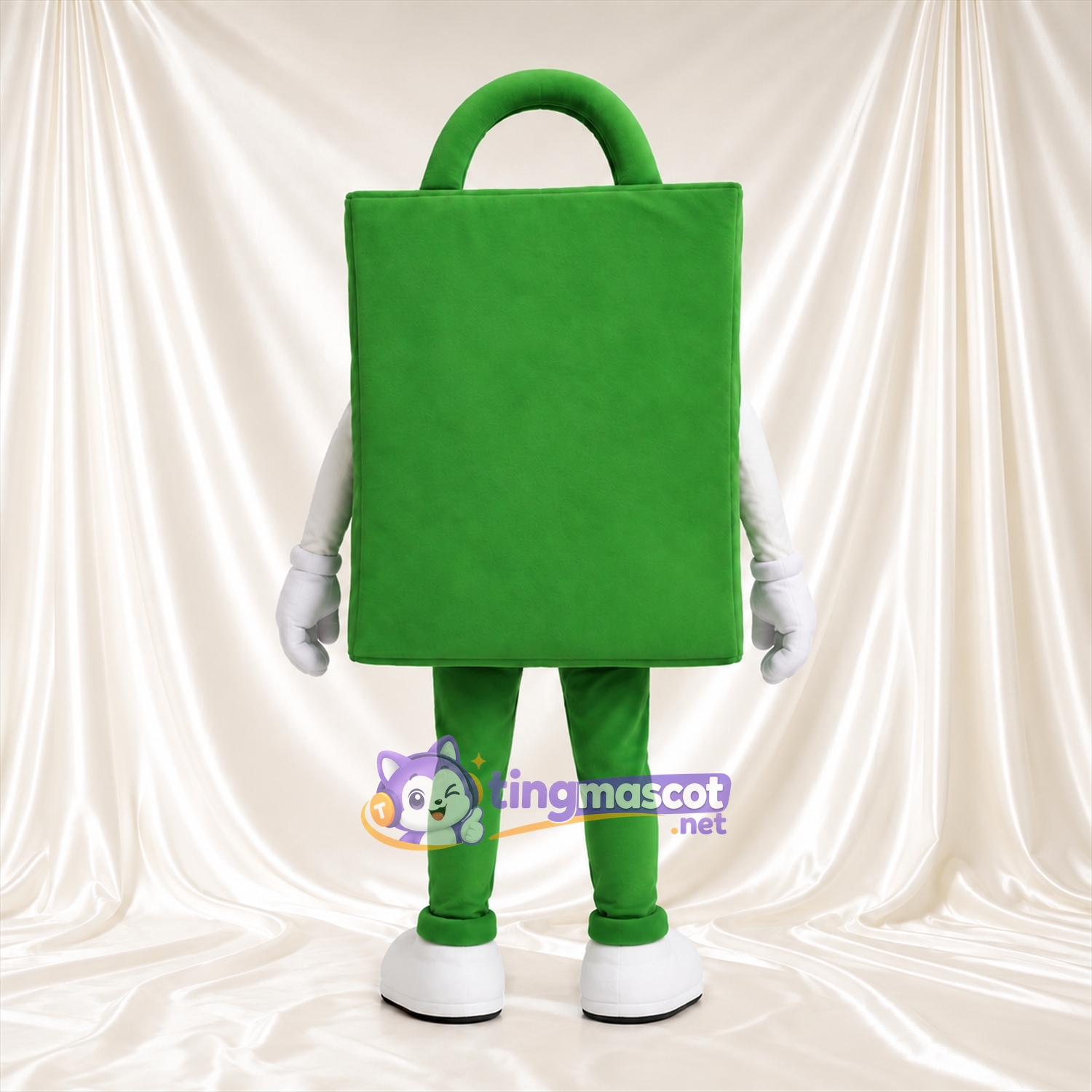 Costume de mascotte Sac de courses – vert – Visage souriant; Gants (blanc) Costume de mascotte Sac de courses – vert – Visage souriant; Gants (blanc)