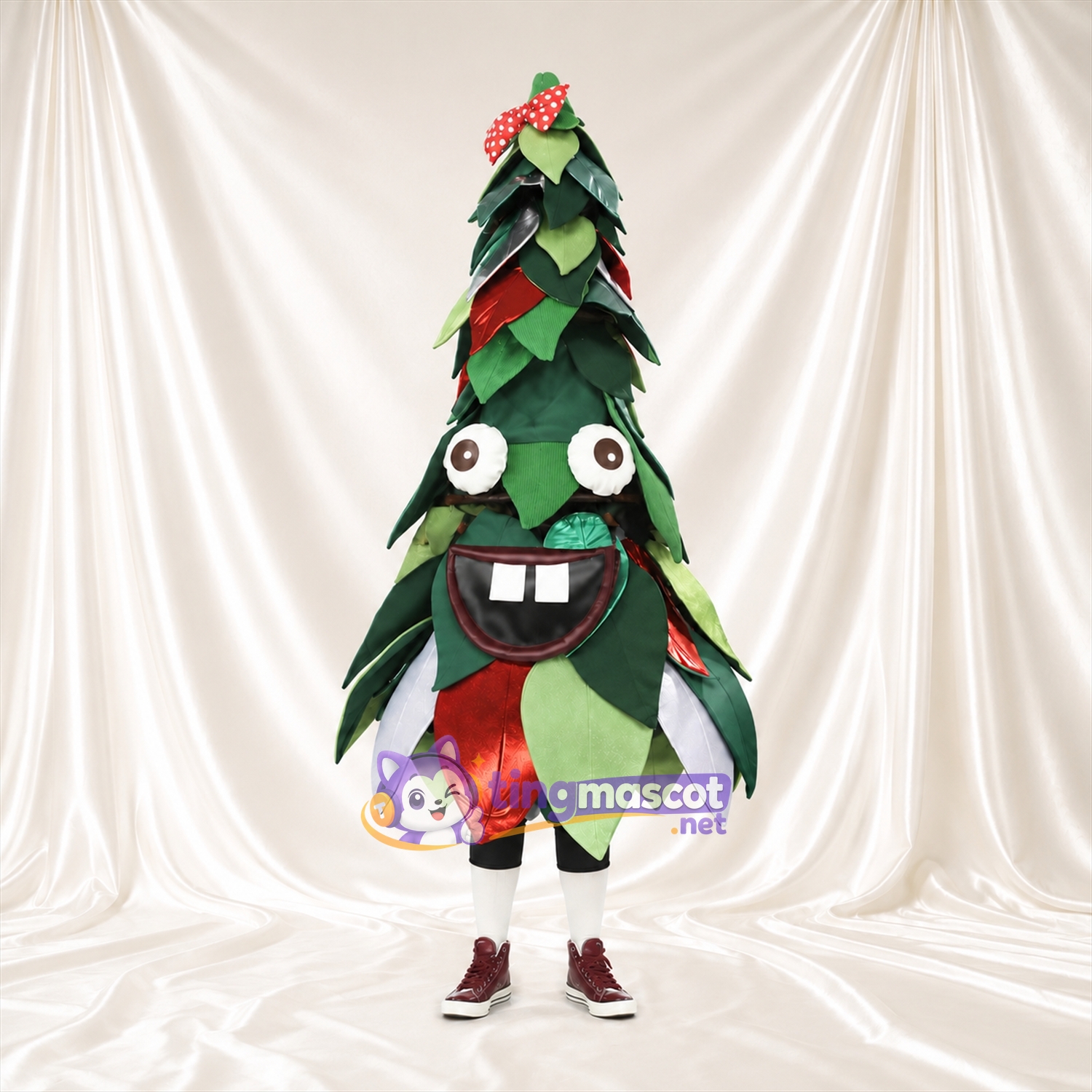 Christmas Tree Mascot Costume - Layered Leaves, Red Bow and Wide Smile Christmas Tree Mascot Costume - Layered Leaves, Red Bow and Wide Smile