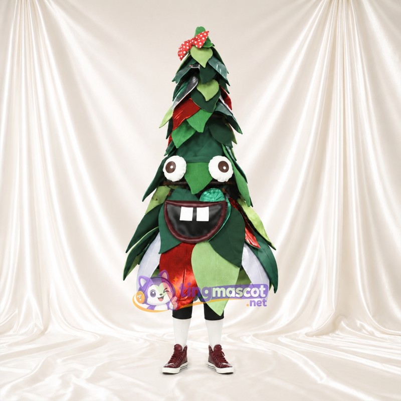 Christmas Tree Mascot Costume - Layered Leaves, Red Bow and Wide Smile Christmas Tree Mascot Costume - Layered Leaves, Red Bow and Wide Smile