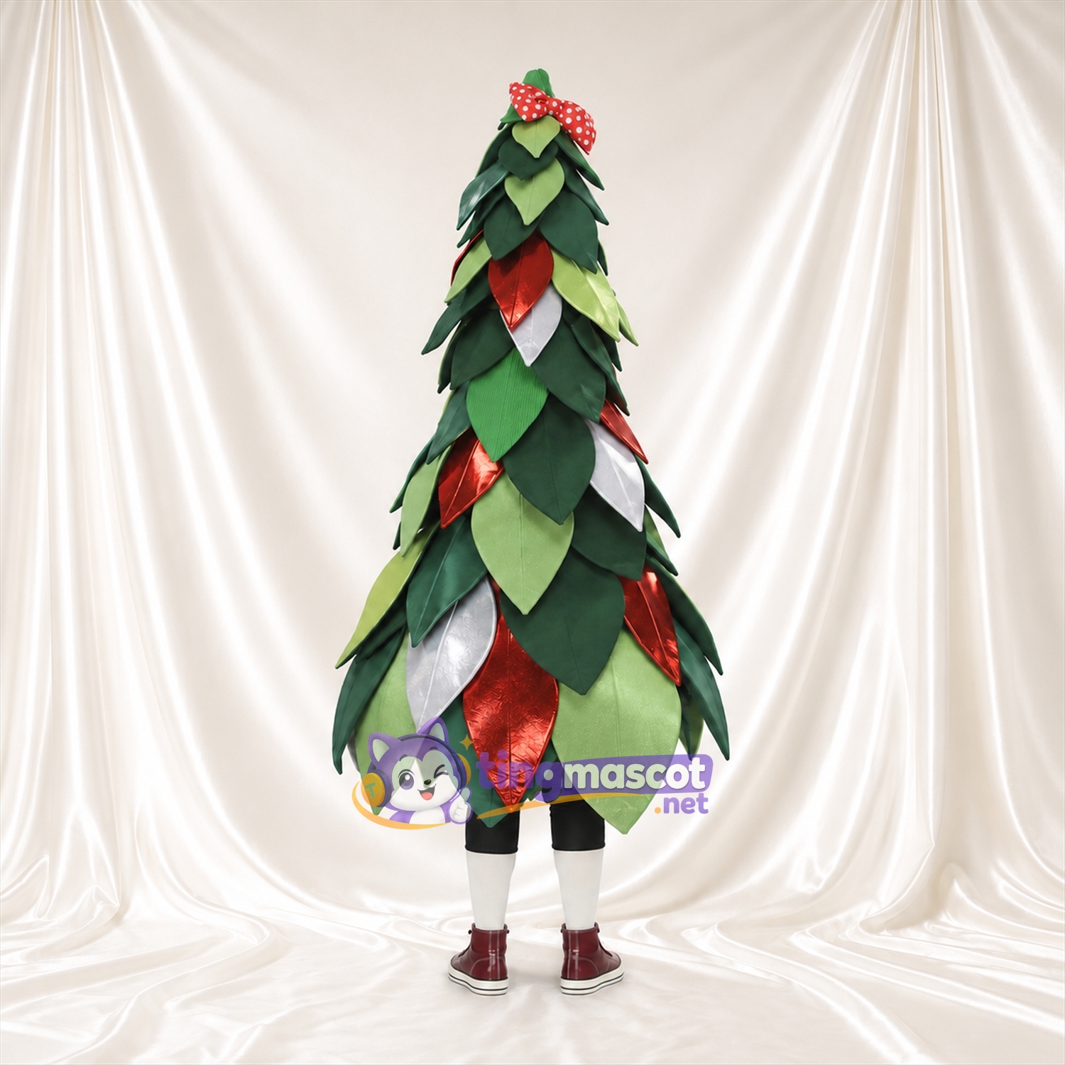 Christmas Tree Mascot Costume - Layered Leaves, Red Bow and Wide Smile Christmas Tree Mascot Costume - Layered Leaves, Red Bow and Wide Smile
