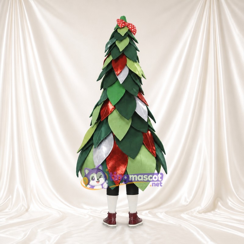 Christmas Tree Mascot Costume - Layered Leaves, Red Bow and Wide Smile Christmas Tree Mascot Costume - Layered Leaves, Red Bow and Wide Smile