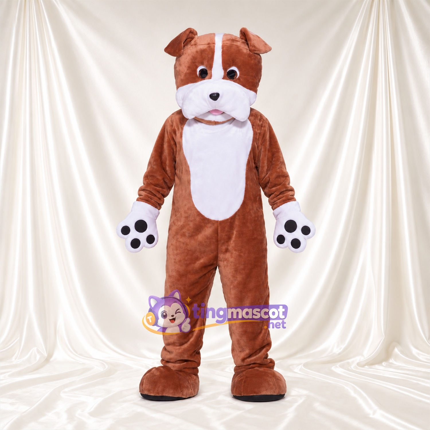 Maskottchenkostüm Hund – braun / weiß – Brust (weiß); Pfotenballen (schwarz) Maskottchenkostüm Hund – braun / weiß – Brust (weiß); Pfotenballen (schwarz)