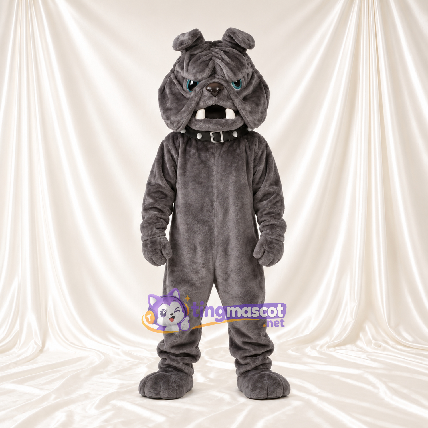 Costume de mascotte Bouledogue – gris foncé – Col (noir) Costume de mascotte Bouledogue – gris foncé – Col (noir)