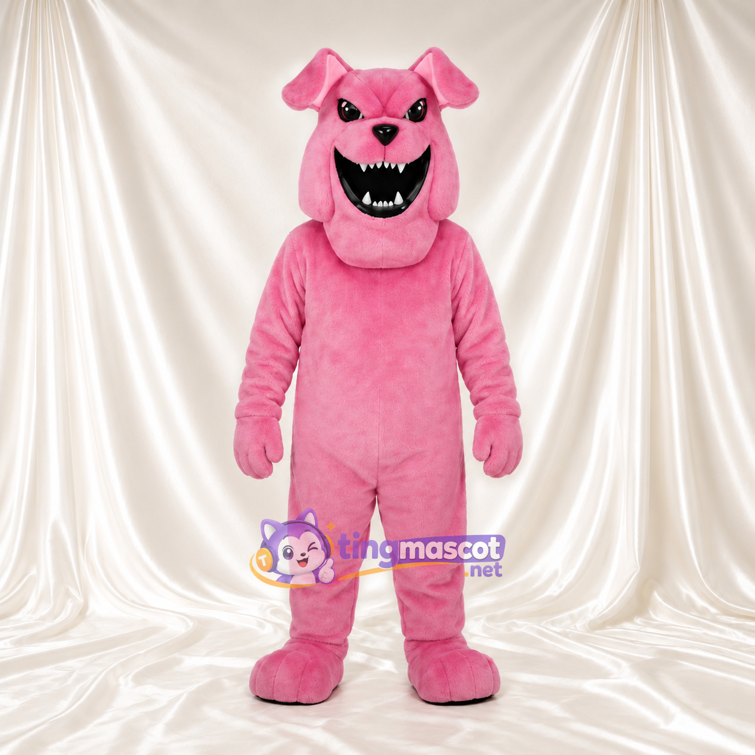 Costume de mascotte Bouledogue – rose – Nez (noir); Bouche à crocs (ouvert) Costume de mascotte Bouledogue – rose – Nez (noir); Bouche à crocs (ouvert)