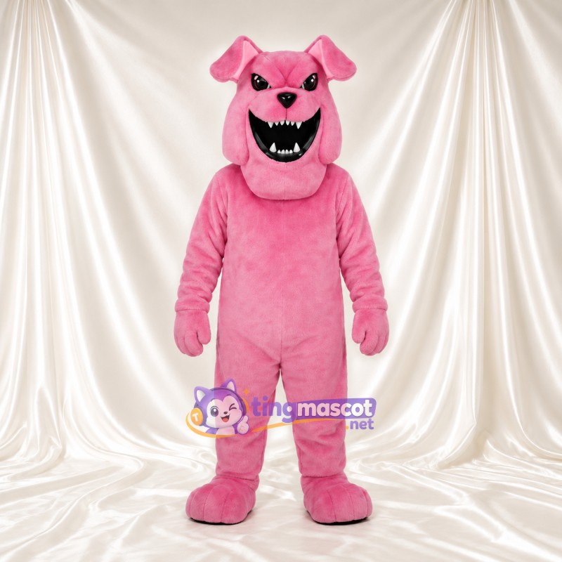 Costume de mascotte Bouledogue – rose – Nez (noir); Bouche à crocs (ouvert) Costume de mascotte Bouledogue – rose – Nez (noir); Bouche à crocs (ouvert)