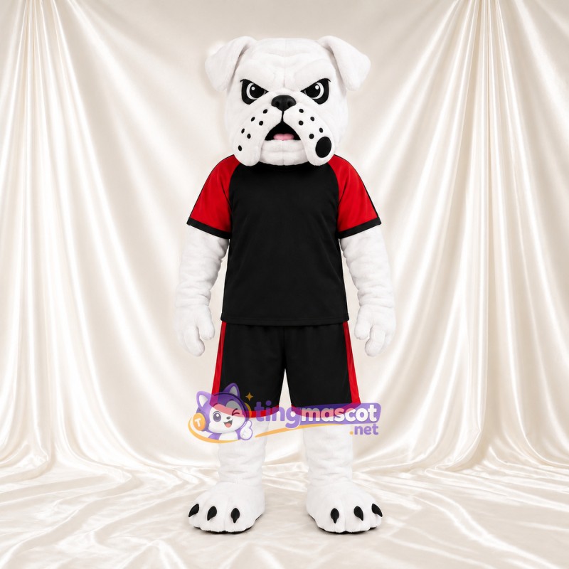 Costume de mascotte Bouledogue – blanc – Tenue de sport (noir, rouge) Costume de mascotte Bouledogue – blanc – Tenue de sport (noir, rouge)