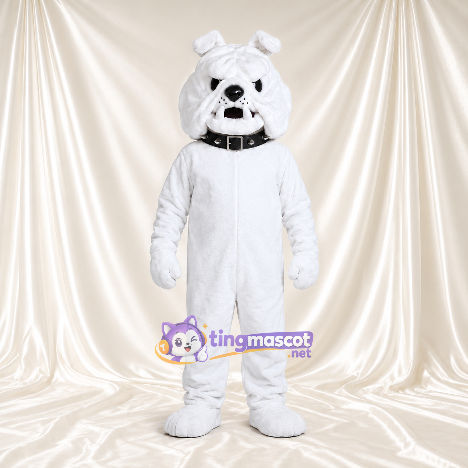 Costume de mascotte Bouledogue – blanc – Col (noir) Costume de mascotte Bouledogue – blanc – Col (noir)