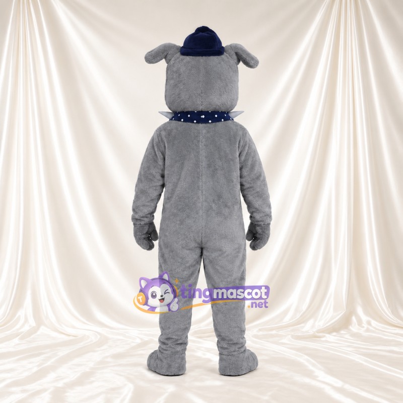 Costume de mascotte Bouledogue – gris – Bonnet (bleu marine); Collier à pointes (bleu) Costume de mascotte Bouledogue – gris – Bonnet (bleu marine); Collier à pointes (bleu)
