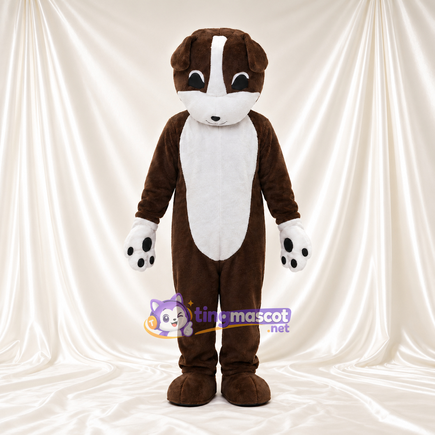 Costume de mascotte Chien – marron foncé – Torse (blanc); Mains (grand, blanc) Costume de mascotte Chien – marron foncé – Torse (blanc); Mains (grand, blanc)