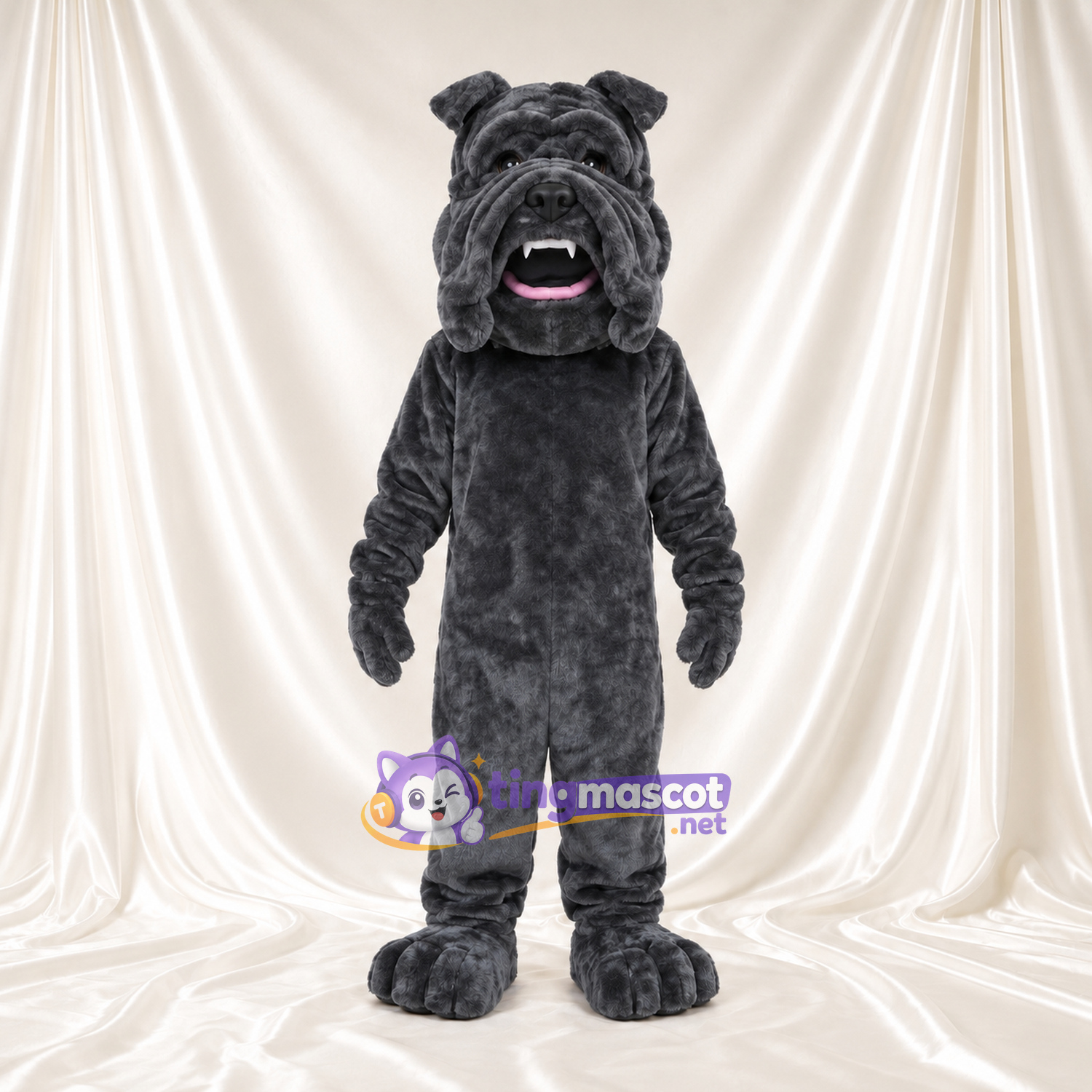 Costume de mascotte Bouledogue – anthracite – Museau (plissé); Bouche ouverte Costume de mascotte Bouledogue – anthracite – Museau (plissé); Bouche ouverte