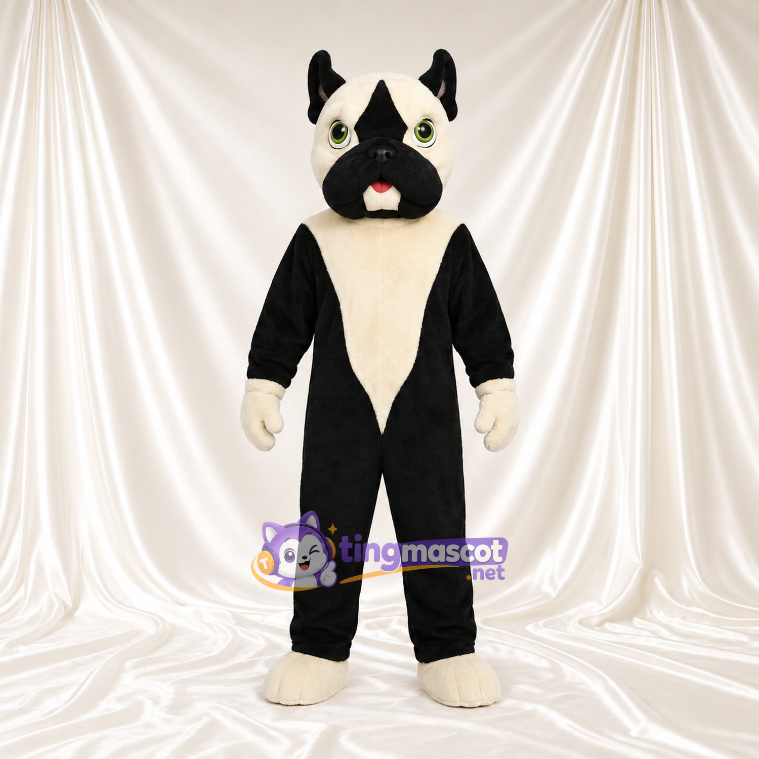 Black and Cream Dog Mascot Costume - Pointed Ears and Green Eyes Black and Cream Dog Mascot Costume - Pointed Ears and Green Eyes