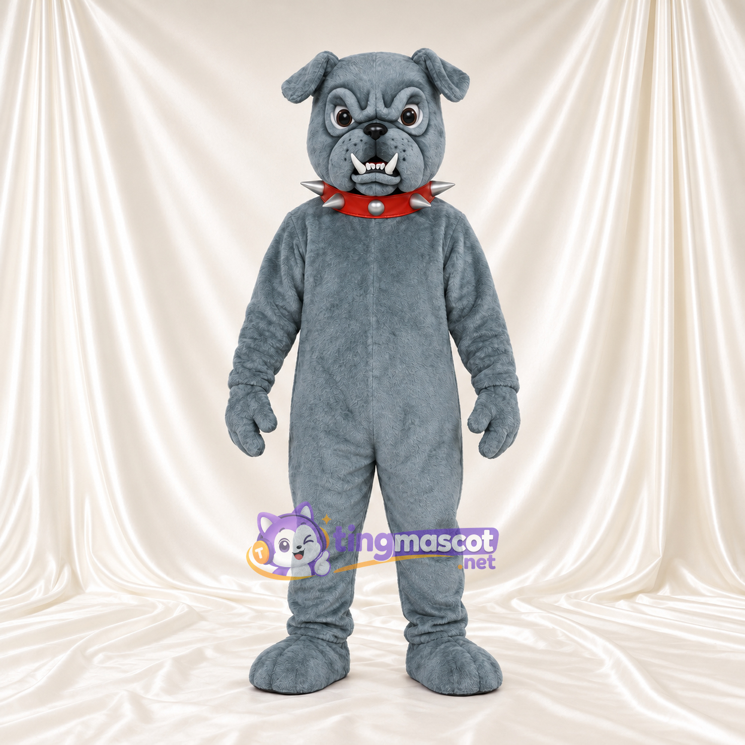 Blue-Gray Bulldog Mascot Costume - Red Spiked Collar and Wide Eyes Blue-Gray Bulldog Mascot Costume - Red Spiked Collar and Wide Eyes