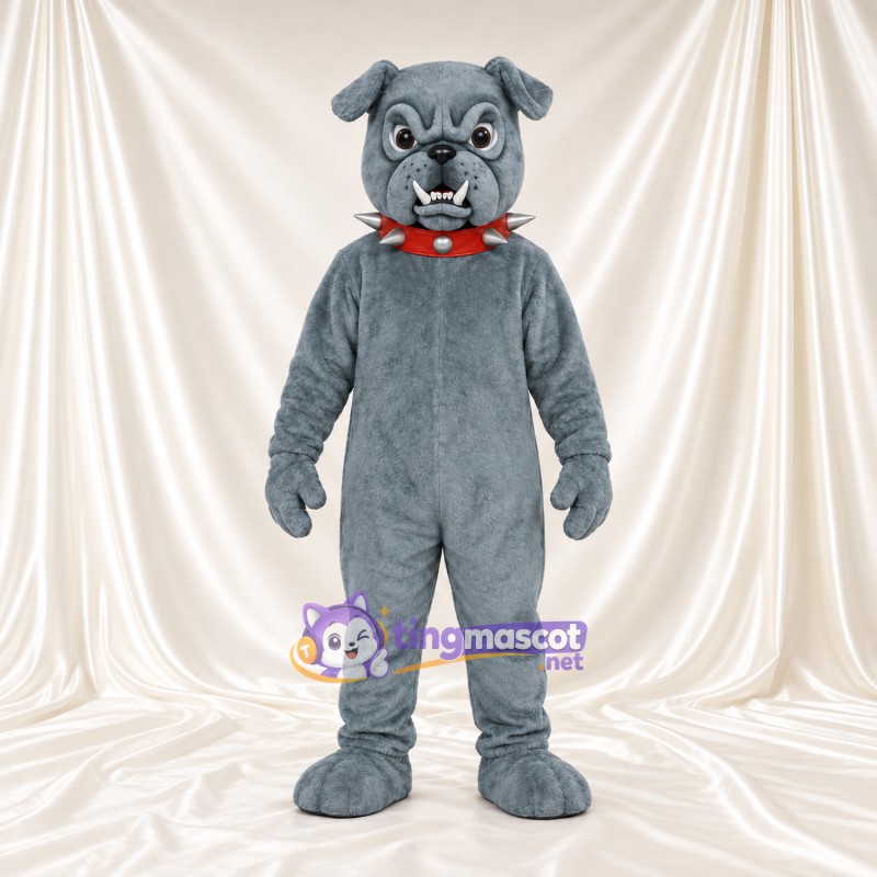 Blue-Gray Bulldog Mascot Costume - Red Spiked Collar and Wide Eyes Blue-Gray Bulldog Mascot Costume - Red Spiked Collar and Wide Eyes