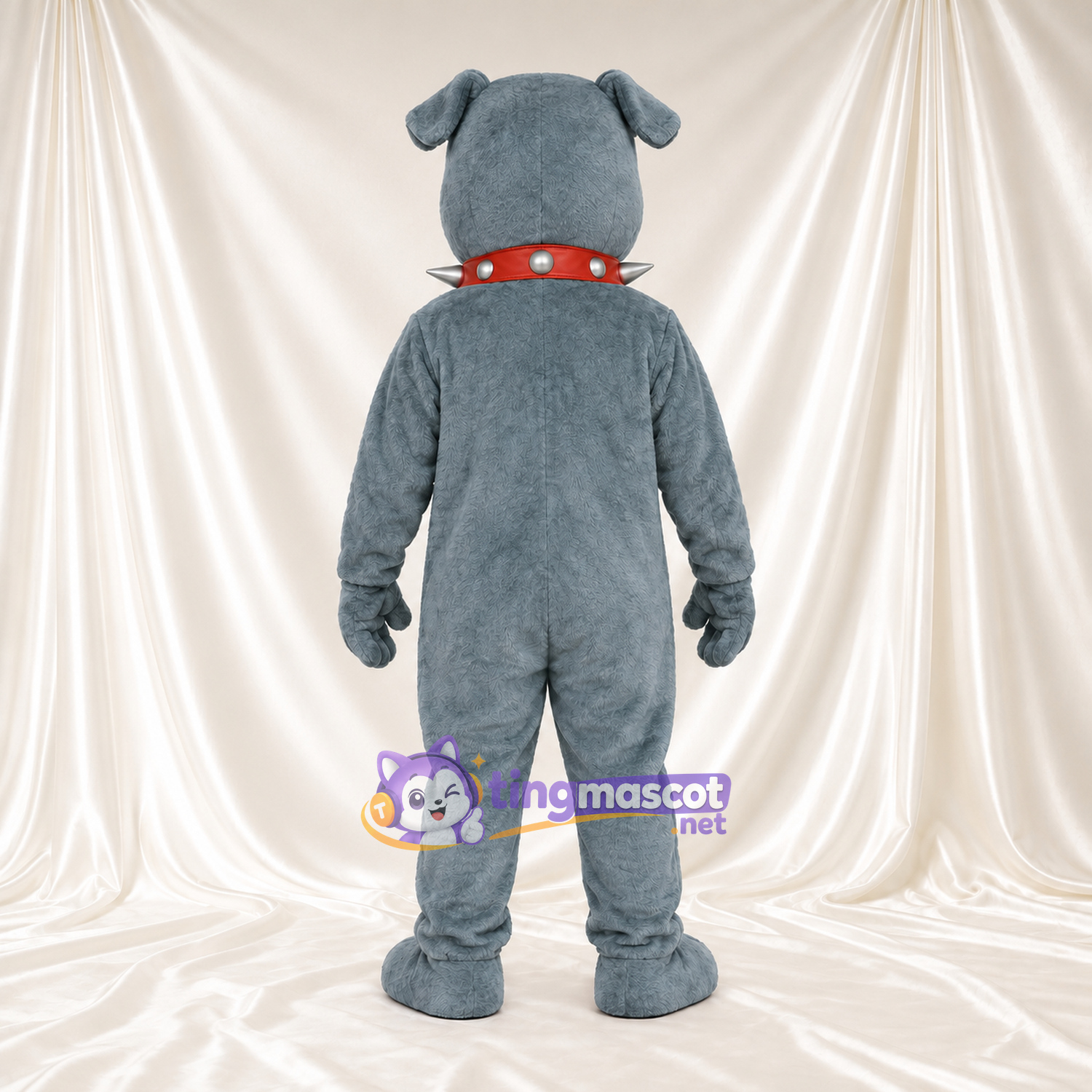 Blue-Gray Bulldog Mascot Costume - Red Spiked Collar and Wide Eyes Blue-Gray Bulldog Mascot Costume - Red Spiked Collar and Wide Eyes