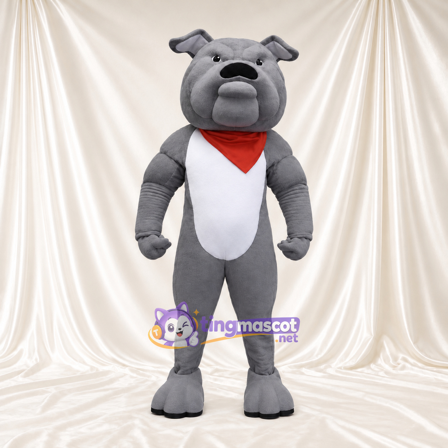 Costume de mascotte Bouledogue – gris – Bandana (rouge); Gilet de sport (blanc) Costume de mascotte Bouledogue – gris – Bandana (rouge); Gilet de sport (blanc)