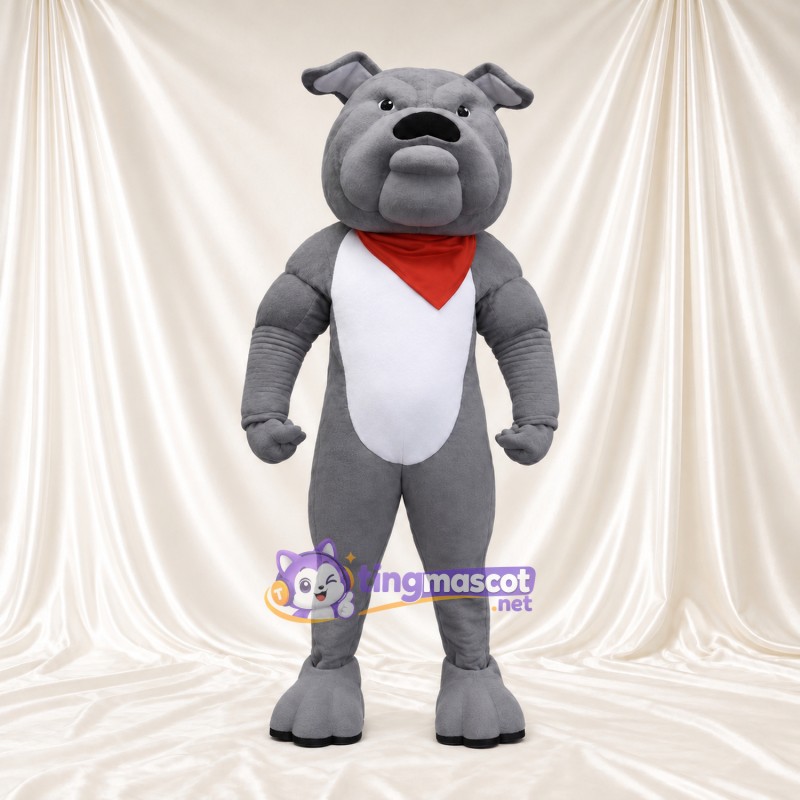 Costume de mascotte Bouledogue – gris – Bandana (rouge); Gilet de sport (blanc) Costume de mascotte Bouledogue – gris – Bandana (rouge); Gilet de sport (blanc)