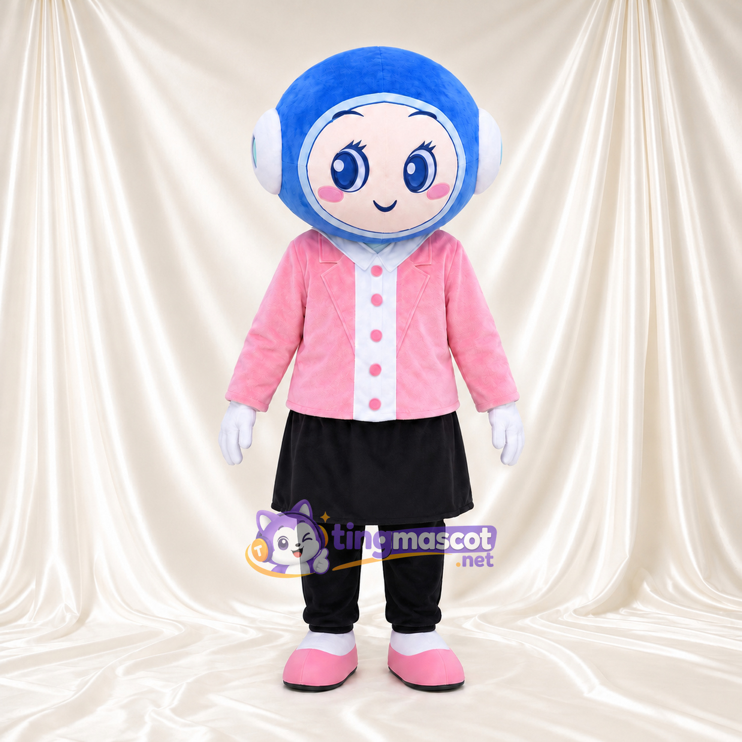 Maskottchenkostüm Mädchenfigur – wie abgebildet – Haare (blau); Jacke (rosa); Rock (schwarz) Maskottchenkostüm Mädchenfigur – wie abgebildet – Haare (blau); Jacke (rosa); Rock (schwarz)