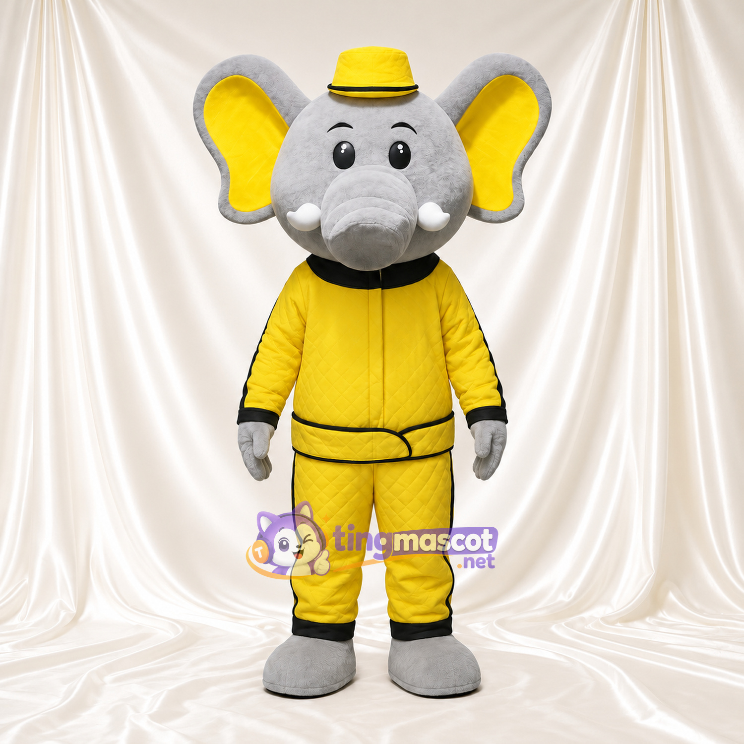 Costume de mascotte Éléphant – gris – Chapeau (jaune); Survêtement (jaune) Costume de mascotte Éléphant – gris – Chapeau (jaune); Survêtement (jaune)