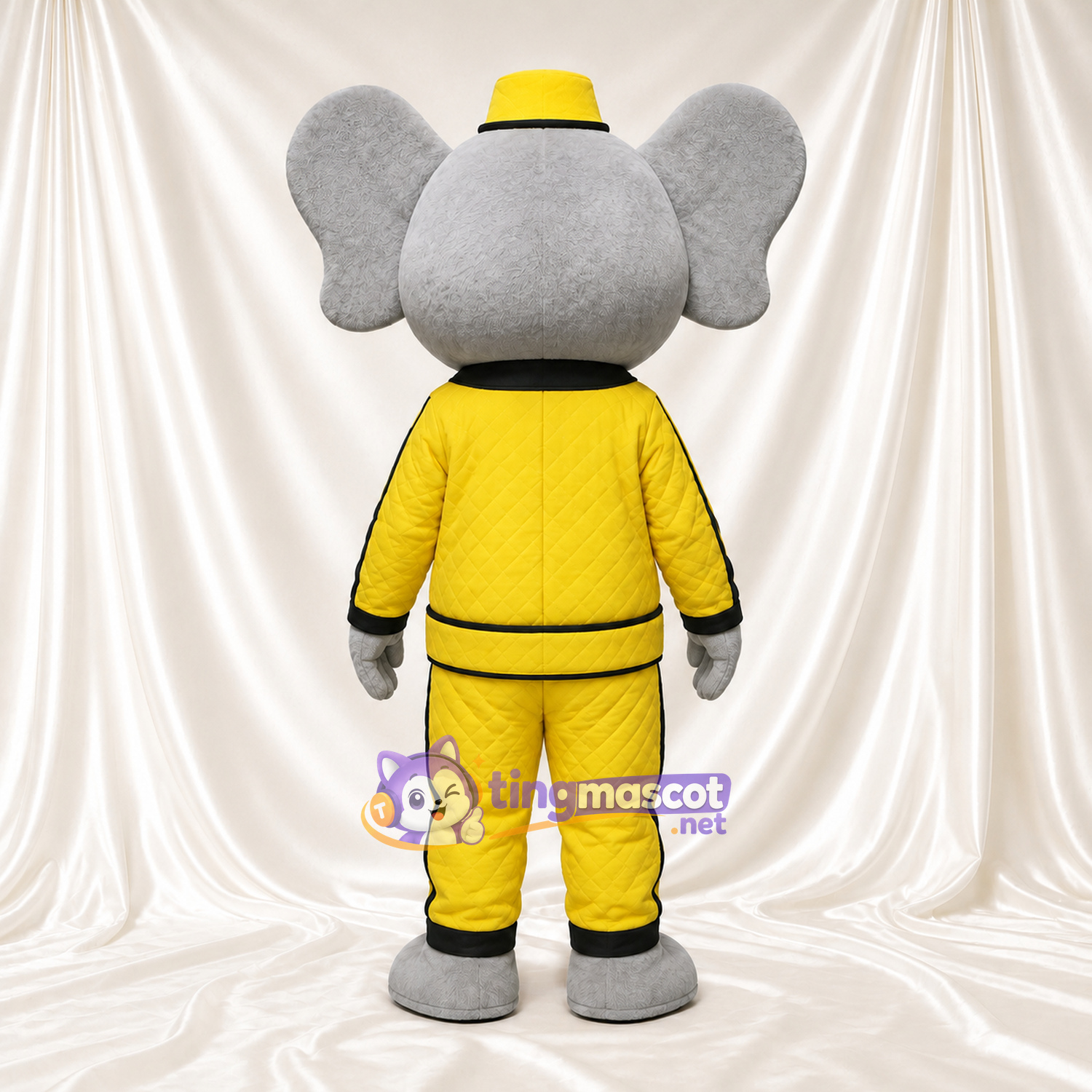 Costume de mascotte Éléphant – gris – Chapeau (jaune); Survêtement (jaune) Costume de mascotte Éléphant – gris – Chapeau (jaune); Survêtement (jaune)
