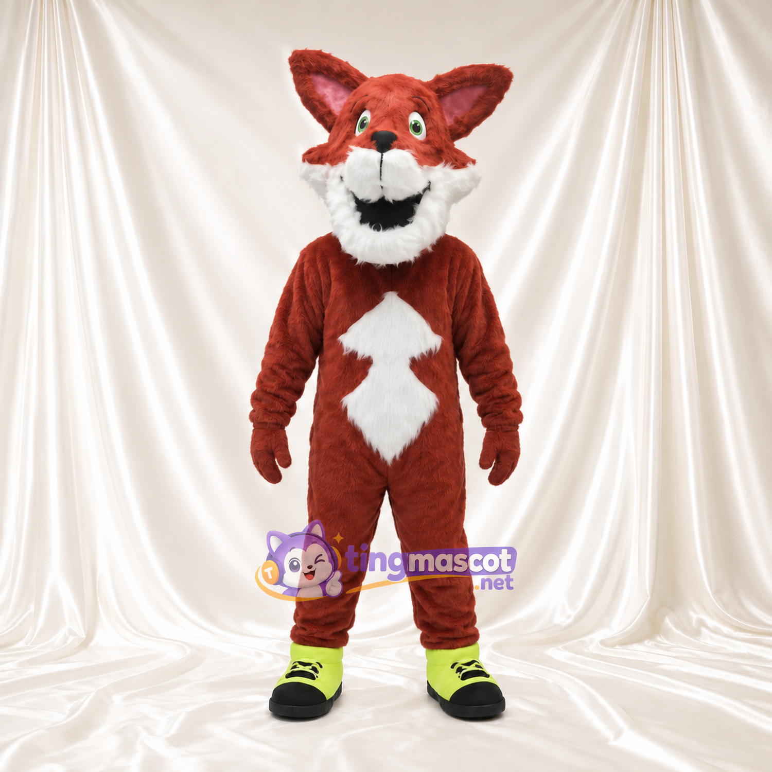 Maskottchenkostüm Fuchs – rostbraun / rot – Brust (weiß); Sneaker (grün) Maskottchenkostüm Fuchs – rostbraun / rot – Brust (weiß); Sneaker (grün)