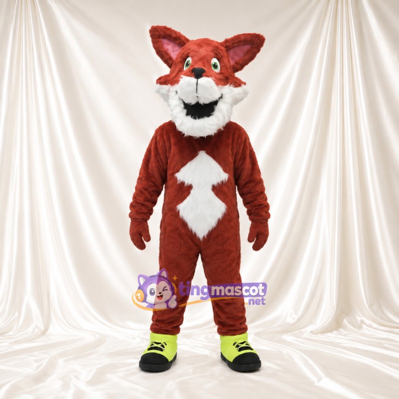 Maskottchenkostüm Fuchs – rostbraun / rot – Brust (weiß); Sneaker (grün) Maskottchenkostüm Fuchs – rostbraun / rot – Brust (weiß); Sneaker (grün)