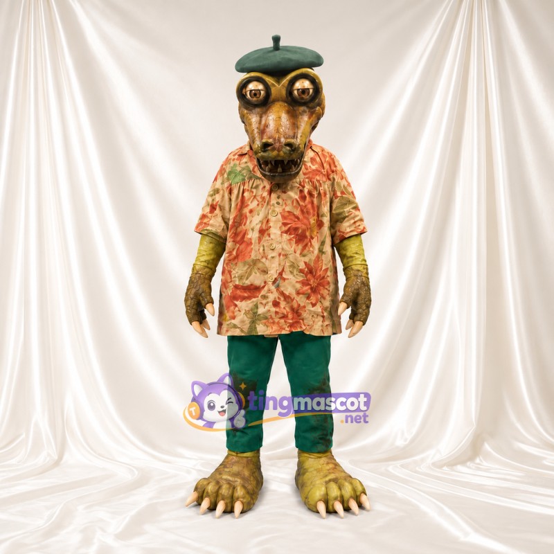 Crocodile Mascot Costume - Green Beret, Floral Shirt and Green Pants Crocodile Mascot Costume - Green Beret, Floral Shirt and Green Pants