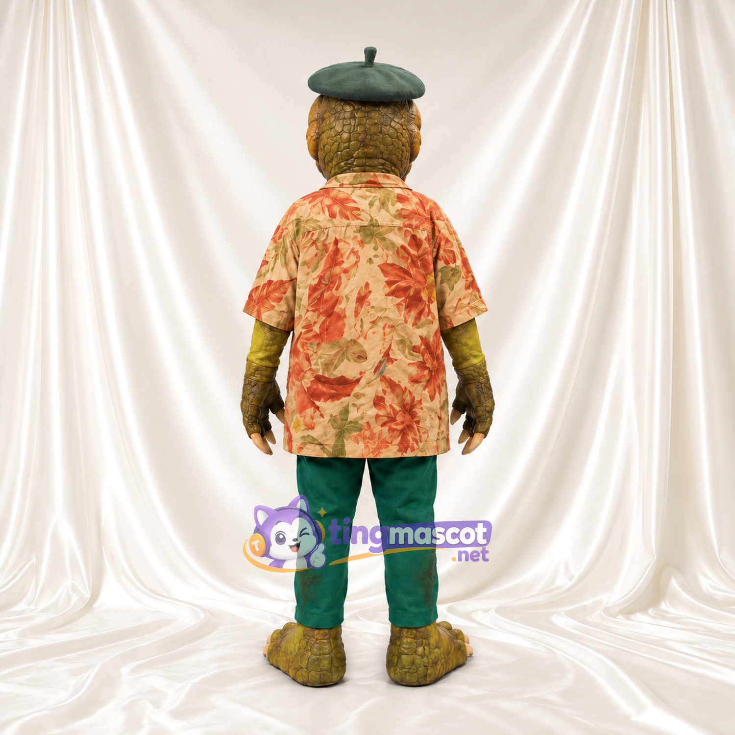 Crocodile Mascot Costume - Green Beret, Floral Shirt and Green Pants Crocodile Mascot Costume - Green Beret, Floral Shirt and Green Pants