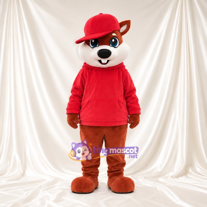 Costume de mascotte Animal – marron – Casquette (rouge); Sweat à capuche (rouge) Costume de mascotte Animal – marron – Casquette (rouge); Sweat à capuche (rouge)