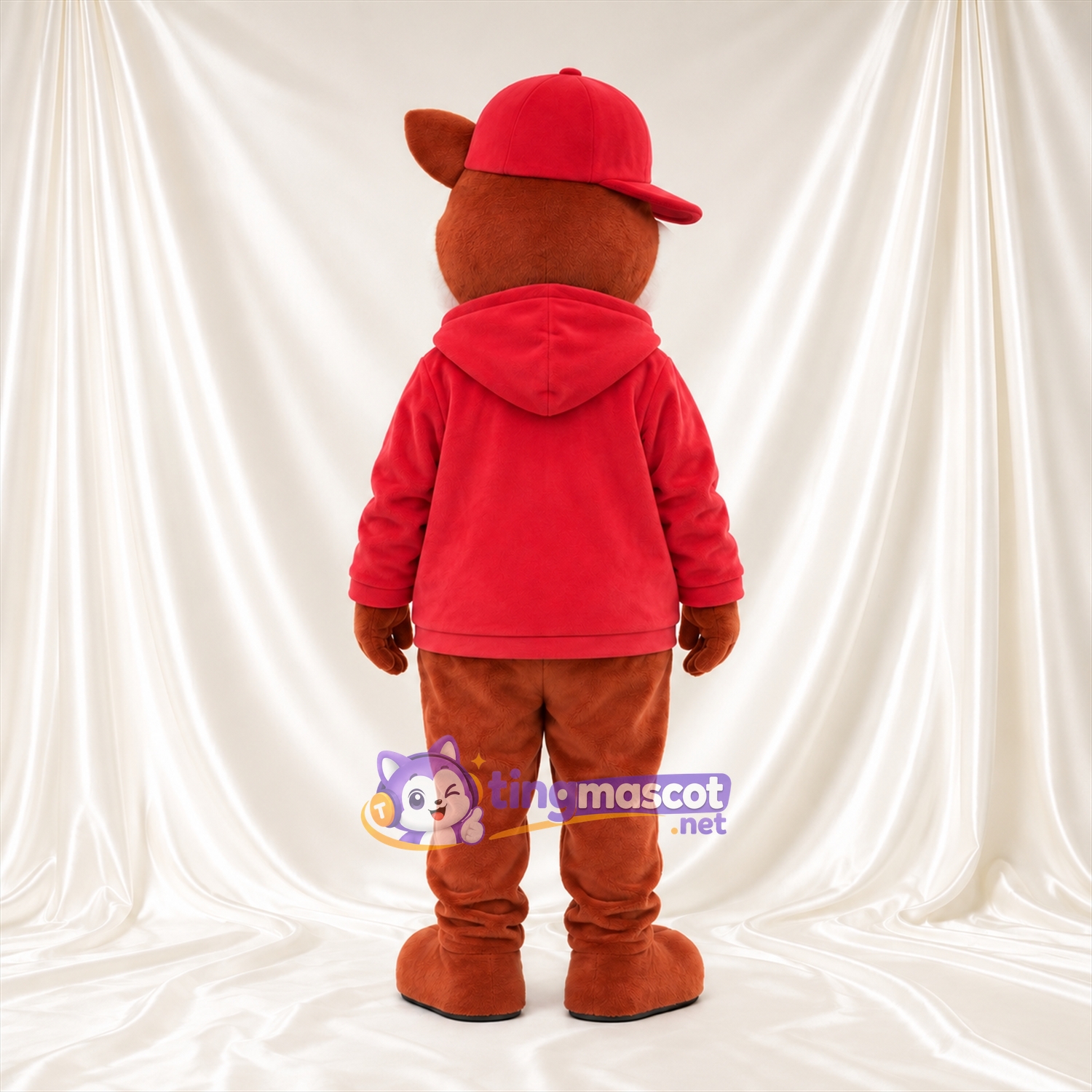 Costume de mascotte Animal – marron – Casquette (rouge); Sweat à capuche (rouge) Costume de mascotte Animal – marron – Casquette (rouge); Sweat à capuche (rouge)