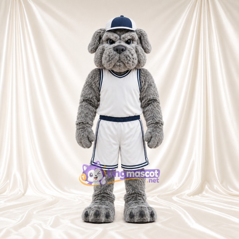 Costume de mascotte Bouledogue – gris – Casquette (bleu marine); Tenue de basket (blanc) Costume de mascotte Bouledogue – gris – Casquette (bleu marine); Tenue de basket (blanc)