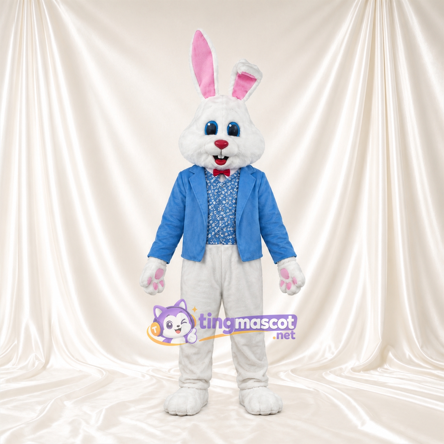Costume de mascotte Lapin – blanc – Chemise (bleu, à motifs, bleu) Costume de mascotte Lapin – blanc – Chemise (bleu, à motifs, bleu)