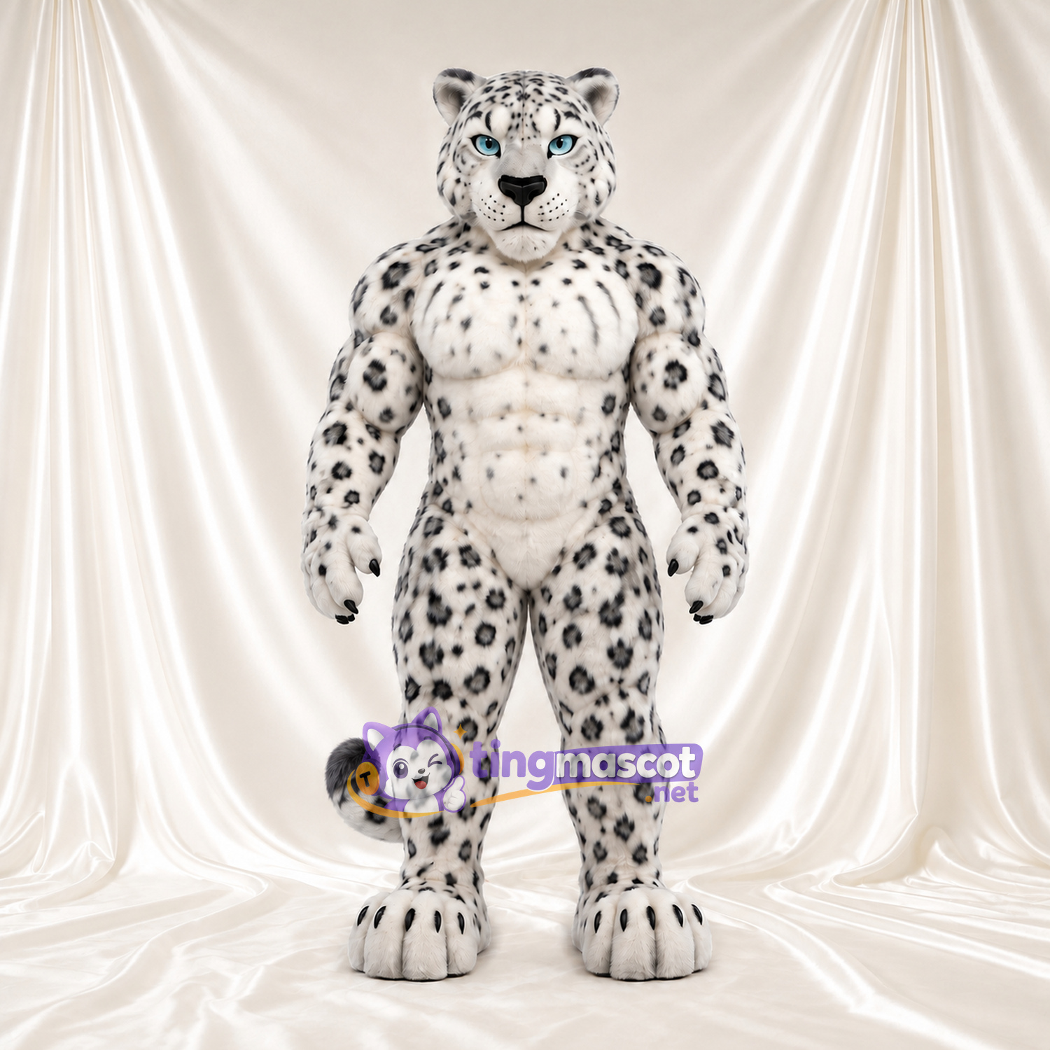 Snow Leopard Mascot Costume - Muscular White Body and Black Spots Snow Leopard Mascot Costume - Muscular White Body and Black Spots