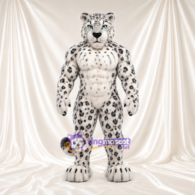 Snow Leopard Mascot Costume - Muscular White Body and Black Spots Snow Leopard Mascot Costume - Muscular White Body and Black Spots