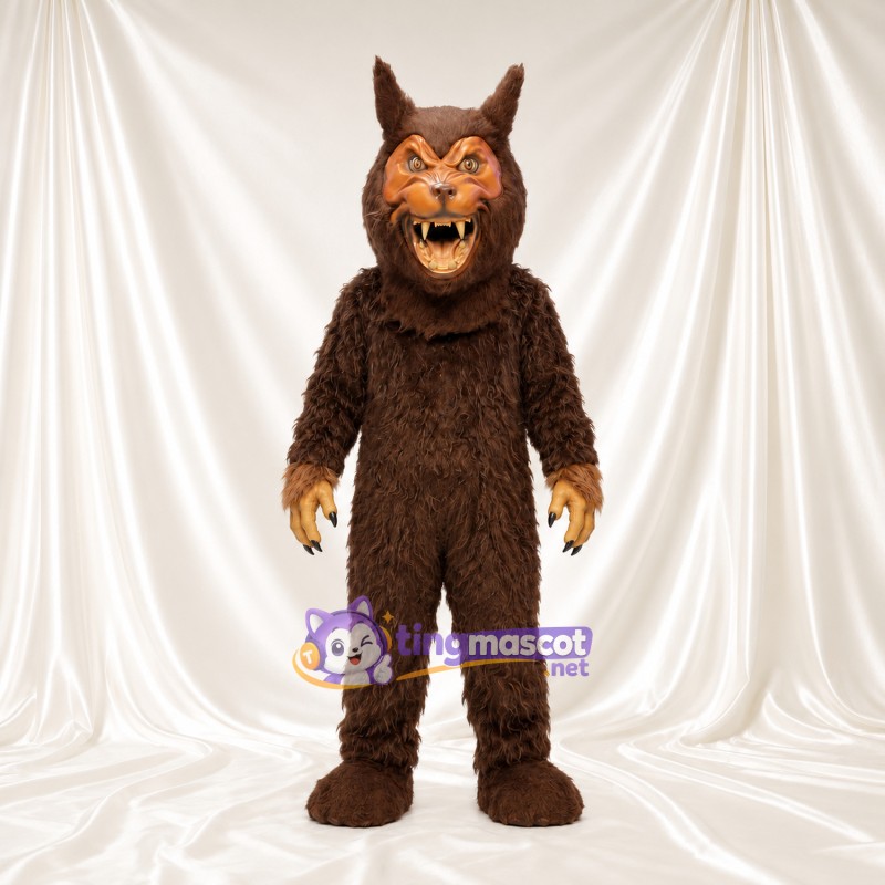 Maskottchenkostüm Werwolf – braun – Spitze Ohren; Mund mit Fangzähnen (offen) Maskottchenkostüm Werwolf – braun – Spitze Ohren; Mund mit Fangzähnen (offen)