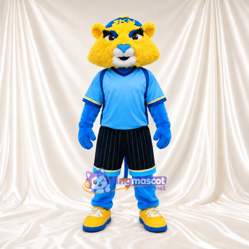 Maskottchenkostüm Katze – gelb / blau – Sportshirt (blau); Shorts (schwarz) Maskottchenkostüm Katze – gelb / blau – Sportshirt (blau); Shorts (schwarz)