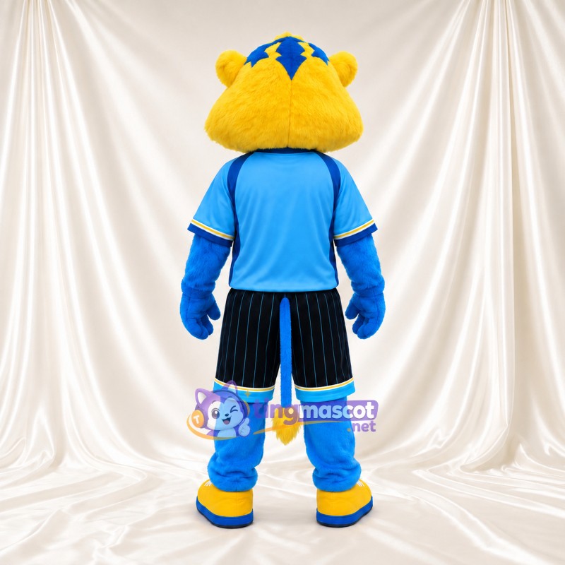 Maskottchenkostüm Katze – gelb / blau – Sportshirt (blau); Shorts (schwarz) Maskottchenkostüm Katze – gelb / blau – Sportshirt (blau); Shorts (schwarz)