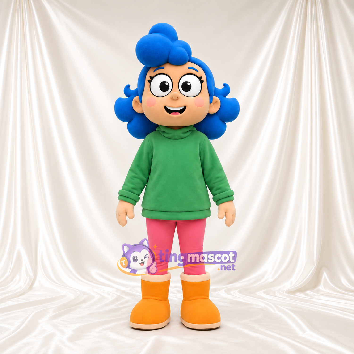 Maskottchenkostüm Mädchenfigur – wie abgebildet – Haare (blau); Kapuzenpullover (grün); Stiefel (gelb) Maskottchenkostüm Mädchenfigur – wie abgebildet – Haare (blau); Kapuzenpullover (grün); Stiefel (gelb)